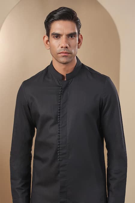 Raw & Rustic By Niti Bothra Black Chanderi, Silk Benarasi Short Kurta at Aza Fashions Raw & Rustic By Niti Bothra_Black Chanderi, Silk Benarasi Short Kurta _at_Aza_Fashions