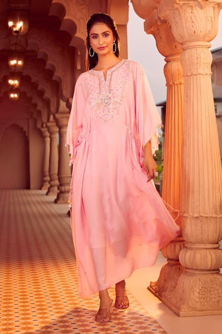 Buy_Aariyana Couture_Pink Cotton, Silk, Modal, Satin Beads, Mirrors Split Hand Embroidered Kaftan _Online_at_Aza_Fashions