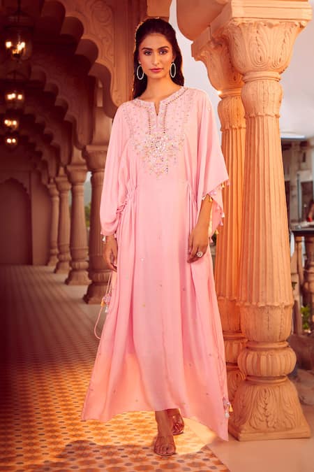 Shop_Aariyana Couture_Pink Cotton, Silk, Modal, Satin Beads, Mirrors Split Hand Embroidered Kaftan _Online_at_Aza_Fashions
