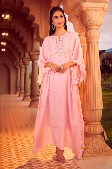 Aariyana Couture_Pink Cotton, Silk, Modal, Satin Beads, Mirrors Split Hand Embroidered Kaftan _at_Aza_Fashions