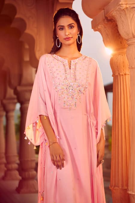 Buy_Aariyana Couture_Pink Cotton, Silk, Modal, Satin Beads, Mirrors Split Hand Embroidered Kaftan 