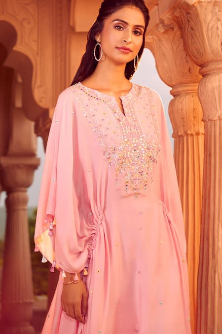 Shop_Aariyana Couture_Pink Cotton, Silk, Modal, Satin Beads, Mirrors Split Hand Embroidered Kaftan 