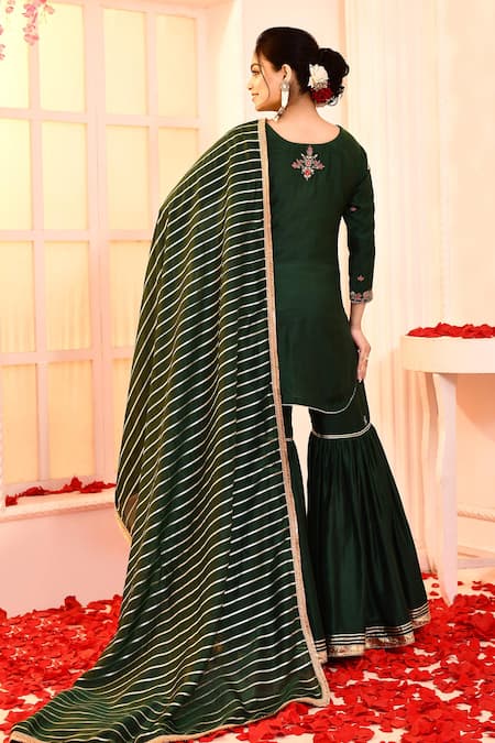 Shop_Abbaran_Green Cotton, Silk, Organza Embroidery, Gota Patti Lace Detailed Gharara Set _at_Aza_Fashions
