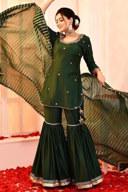 Shop_Abbaran_Green Cotton, Silk, Organza Embroidery, Gota Patti Lace Detailed Gharara Set _Online_at_Aza_Fashions