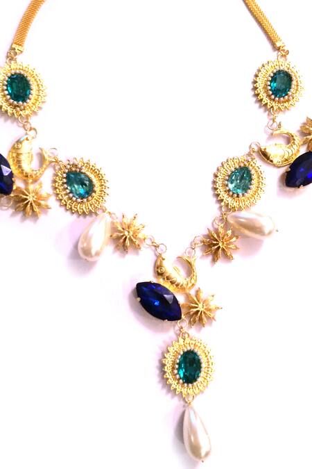 Ornamaas_Multi Color Fish And Floral Cutwork Embellished Necklace _Online_at_Aza_Fashions