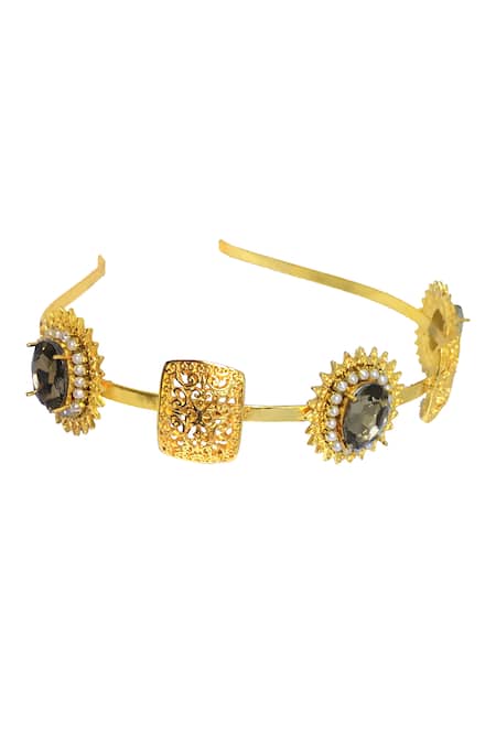 Shop Ornamaas Gold Cubic Zirconia Sunflower Cutwork Headband at Aza Fashions Shop_Ornamaas_Gold Cubic Zirconia Sunflower Cutwork Headband _at_Aza_Fashions