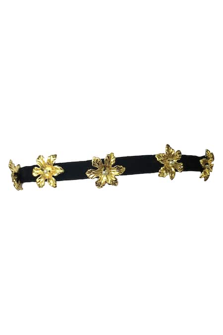 Shop Ornamaas Gold Cubic Zirconia Floral Ornamented Headband at Aza Fashions Shop_Ornamaas_Gold Cubic Zirconia Floral Ornamented Headband _at_Aza_Fashions