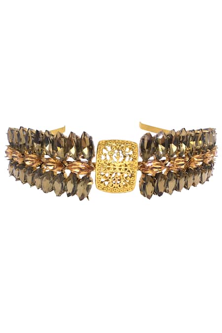 Shop Ornamaas Gold Cubic Zirconia Embellished Headband at Aza Fashions Shop_Ornamaas_Gold Cubic Zirconia Embellished Headband _at_Aza_Fashions
