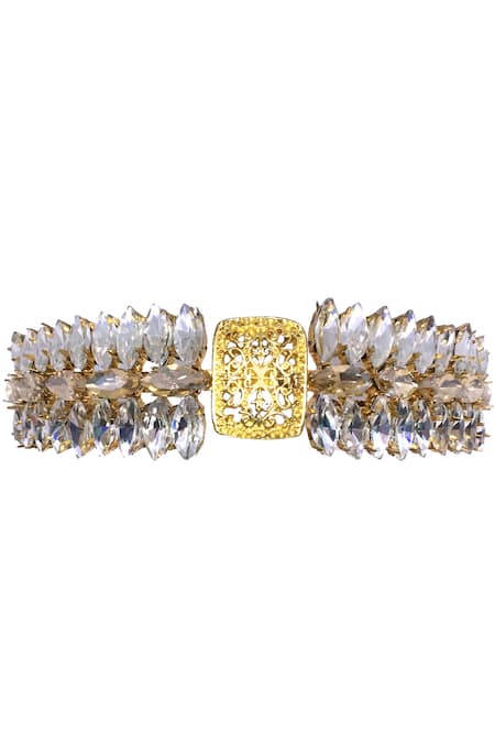 Shop Ornamaas Gold Cubic Zirconia Spike Embellished Headband at Aza Fashions Shop_Ornamaas_Gold Cubic Zirconia Spike Embellished Headband _at_Aza_Fashions