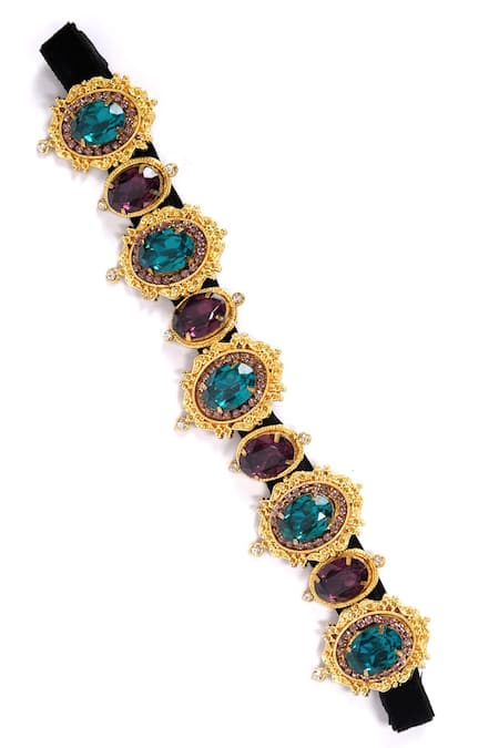 Shop Ornamaas Gold Cubic Zirconia Geometric Carved Motif Embellished Headband at Aza Fashions Shop_Ornamaas_Gold Cubic Zirconia Geometric Carved Motif Embellished Headband _at_Aza_Fashions