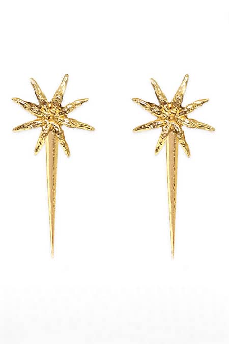 Shop Ornamaas Gold Plated Oversized Star Anise Spike Earrings at Aza Fashions Shop_Ornamaas_Gold Plated Oversized Star Anise Spike Earrings _at_Aza_Fashions