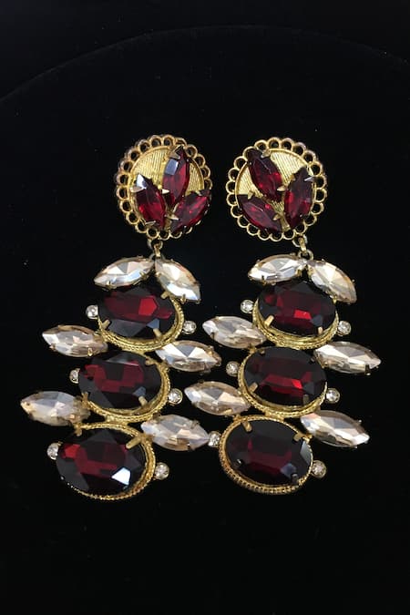 Shop_Ornamaas_Red Crystals Geometric Motif Embellished Earrings _at_Aza_Fashions