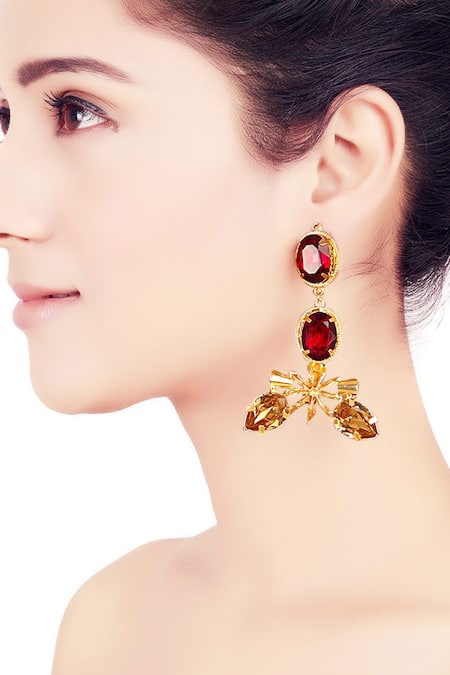 Ornamaas_Red Crystals Carved Abstract Embellished Earring _Online_at_Aza_Fashions