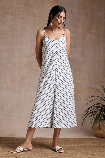 Vasstram_Blue Linen Round Neck Dahlia High-low Overlay With Camisole Dress _Online_at_Aza_Fashions