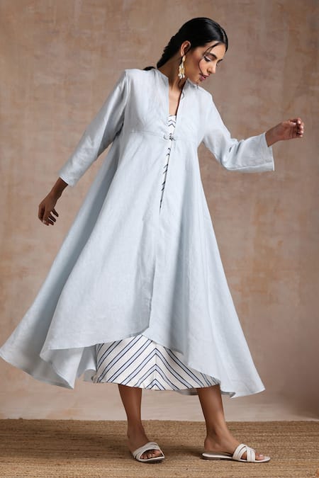 Buy_Vasstram_Blue Linen Round Neck Dahlia High-low Overlay With Camisole Dress _Online_at_Aza_Fashions