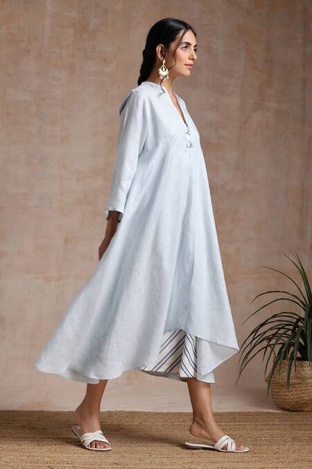 Shop_Vasstram_Blue Linen Round Neck Dahlia High-low Overlay With Camisole Dress _Online_at_Aza_Fashions