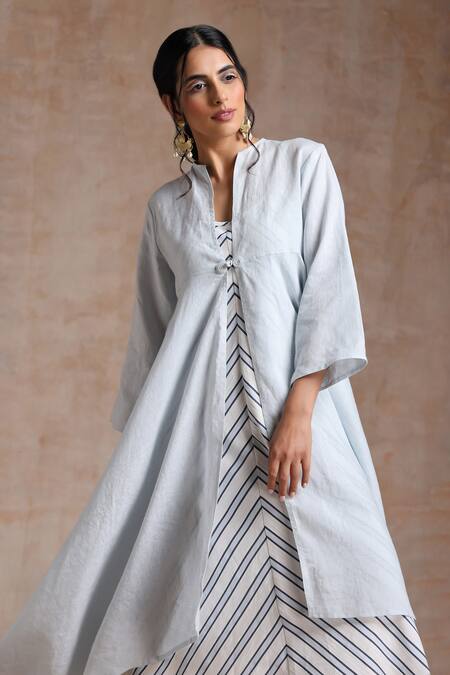 Vasstram_Blue Linen Round Neck Dahlia High-low Overlay With Camisole Dress _at_Aza_Fashions