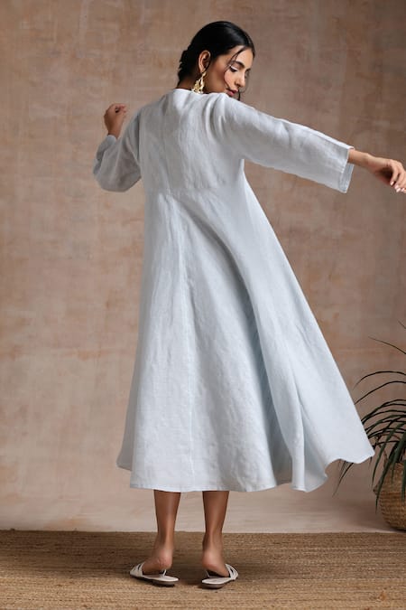 Shop_Vasstram_Blue Linen Round Neck Dahlia High-low Overlay With Camisole Dress _at_Aza_Fashions