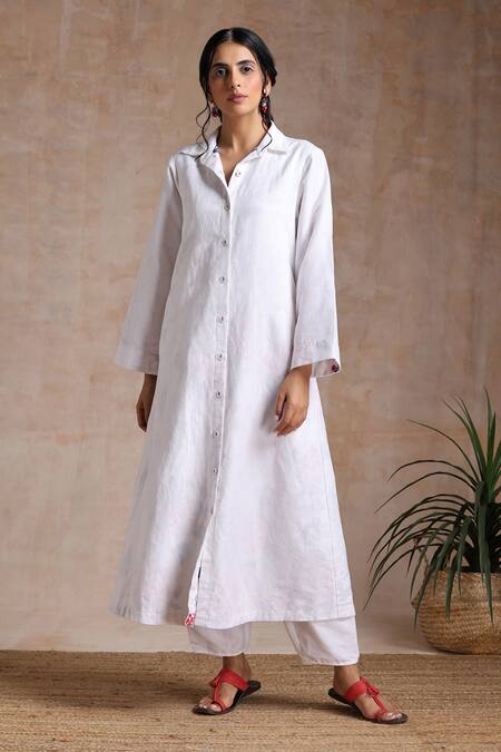 Vasstram_White Cotton, Linen Collared Gulistaan Solid Long Jacket _Online_at_Aza_Fashions