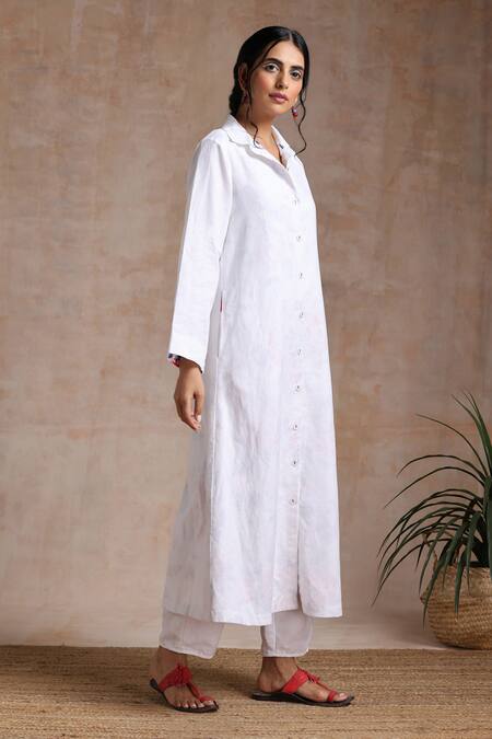 Shop_Vasstram_White Cotton, Linen Collared Gulistaan Solid Long Jacket _Online_at_Aza_Fashions