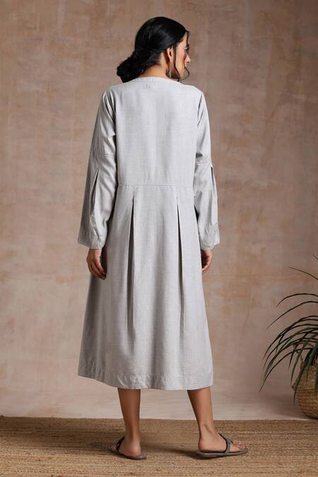 Shop_Vasstram_Grey Melangecotton Solid Mandarin Collar Zarah Dress _at_Aza_Fashions