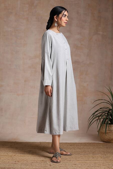 Vasstram_Grey Melangecotton Solid Mandarin Collar Zarah Dress _Online_at_Aza_Fashions
