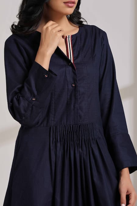Vasstram_Blue Cotton Split V-neck Solid Pleated Waist Dress _at_Aza_Fashions