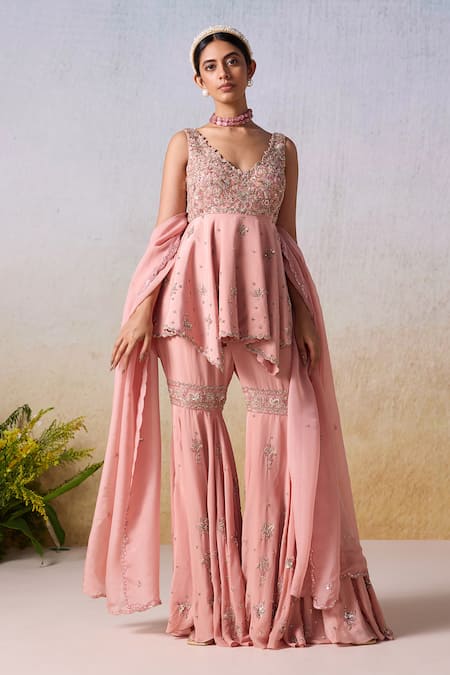 Mirroir Pink Viscose Crepe Embroidered Floral Asymmetric Peplum Kurta Sharara Set 