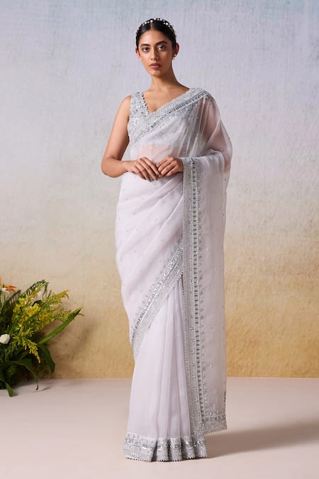 Mirroir Grey Viscose Crepe Embroidered Floral Embellished Border Saree With Blouse 