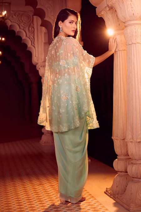 Aariyana Couture Green Chiffon Embroidery Sweetheart Neck Hand Cape And Draped Skirt Set Online at Aza Fashions Aariyana Couture_Green Chiffon Embroidery Sweetheart Neck Hand Cape And Draped Skirt Set _Online_at_Aza_Fashions