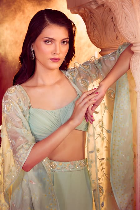 Buy Aariyana Couture Green Chiffon Embroidery Sweetheart Neck Hand Cape And Draped Skirt Set Online at Aza Fashions Buy_Aariyana Couture_Green Chiffon Embroidery Sweetheart Neck Hand Cape And Draped Skirt Set _Online_at_Aza_Fashions