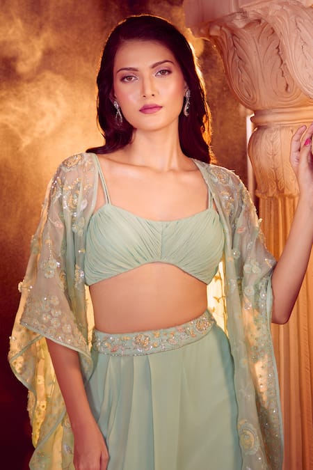 Shop Aariyana Couture Green Chiffon Embroidery Sweetheart Neck Hand Cape And Draped Skirt Set Online at Aza Fashions Shop_Aariyana Couture_Green Chiffon Embroidery Sweetheart Neck Hand Cape And Draped Skirt Set _Online_at_Aza_Fashions