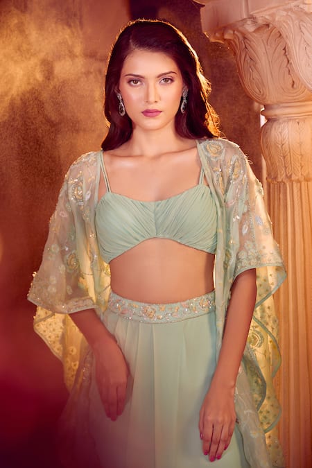 Aariyana Couture Green Chiffon Embroidery Sweetheart Neck Hand Cape And Draped Skirt Set at Aza Fashions Aariyana Couture_Green Chiffon Embroidery Sweetheart Neck Hand Cape And Draped Skirt Set _at_Aza_Fashions