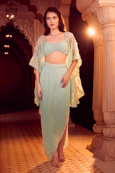 Buy Aariyana Couture Green Chiffon Embroidery Sweetheart Neck Hand Cape And Draped Skirt Set Buy_Aariyana Couture_Green Chiffon Embroidery Sweetheart Neck Hand Cape And Draped Skirt Set