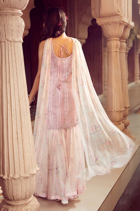 Shop_Aariyana Couture_Pink Bamboo, Chiffon Sequins, Beads, Embroidery Scoop Hand Kurta Sharara Set_at_Aza_Fashions