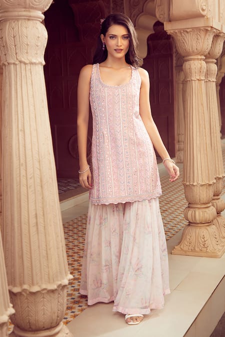 Aariyana Couture_Pink Bamboo, Chiffon Sequins, Beads, Embroidery Scoop Hand Kurta Sharara Set_Online_at_Aza_Fashions