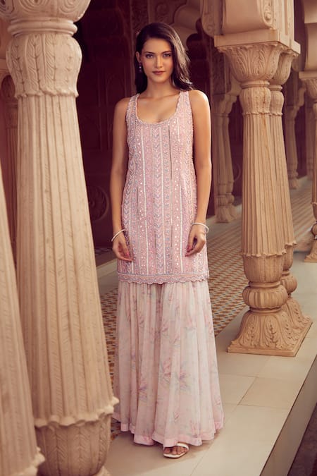 Aariyana Couture_Pink Bamboo, Chiffon Sequins, Beads, Embroidery Scoop Hand Kurta Sharara Set_at_Aza_Fashions