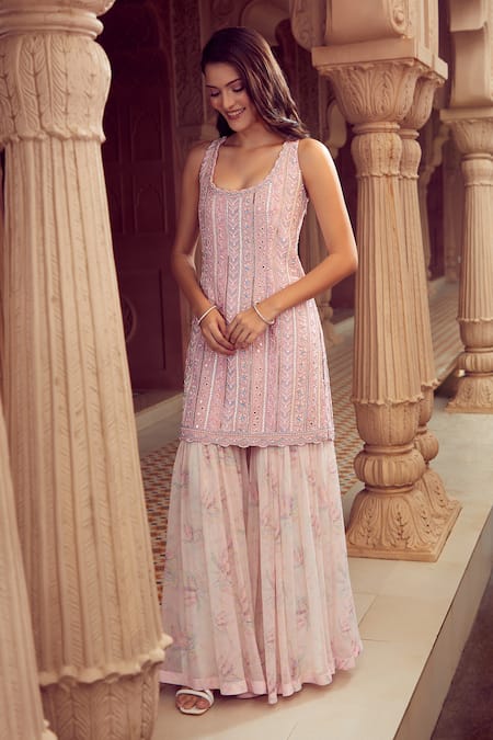Buy_Aariyana Couture_Pink Bamboo, Chiffon Sequins, Beads, Embroidery Scoop Hand Kurta Sharara Set