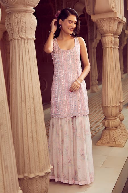 Shop_Aariyana Couture_Pink Bamboo, Chiffon Sequins, Beads, Embroidery Scoop Hand Kurta Sharara Set