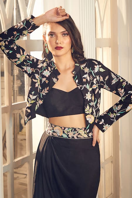 Shop_Aariyana Couture_Black Silk, Modal Embroidery Sweetheart Neck, Floral Hand Jacket And Skirt Set_Online_at_Aza_Fashions