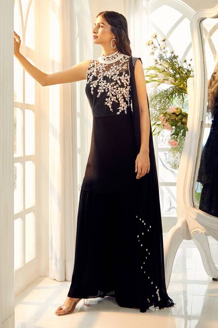 Shop Aariyana Couture Black Viscose, Georgette, Tulle Beads, Tassels Contrast Embroidered Kurta Set Shop_Aariyana Couture_Black Viscose, Georgette, Tulle Beads, Tassels Contrast Embroidered Kurta Set