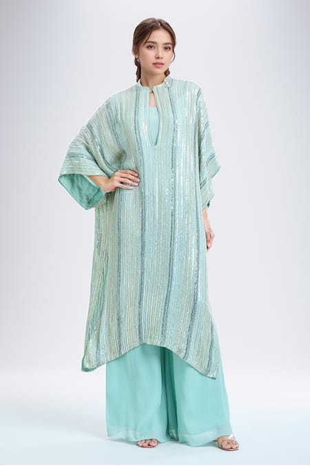 Nakul Sen Blue 100% Silk Chiffon Embellished Sequins Kaftan Linear Work And Palazzo Set 