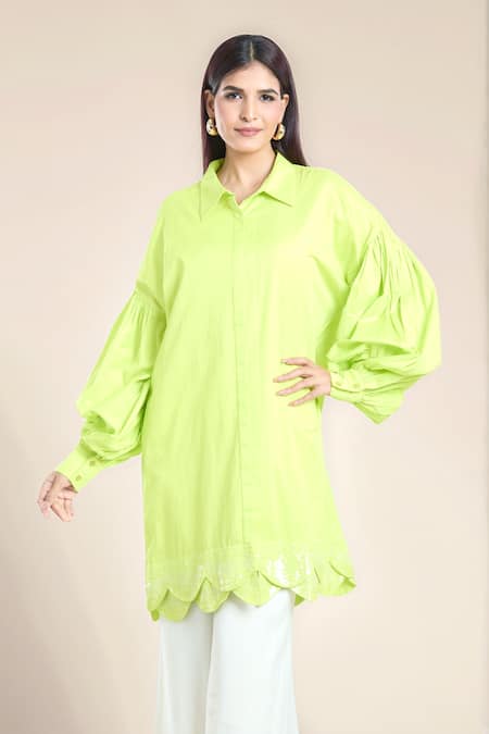 Rahul Mishra Green Poplin Embroidered Sequin Shirt Collar Scalloped Hem Oversized 