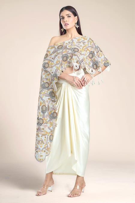 Anamika Khanna Multi Color Embroidered Beads Straight Neck Cape And Draped Skirt Set 