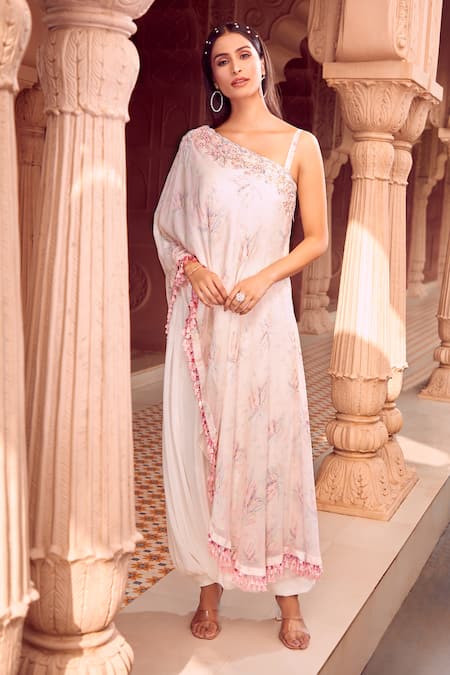 Buy Aariyana Couture White Chiffon, Viscose, Modal, Satin Floral Feather Print Tunic And Dhoti Pant Set Online at Aza Fashions Buy_Aariyana Couture_White Chiffon, Viscose, Modal, Satin Floral Feather Print Tunic And Dhoti Pant Set _Online_at_Aza_Fashions