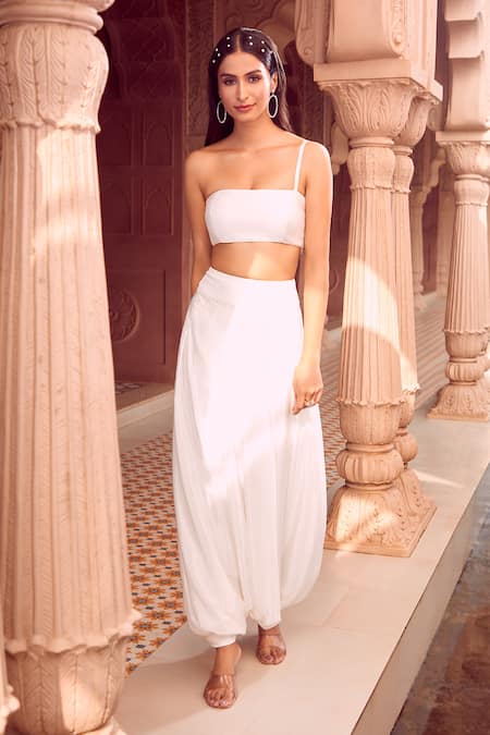 Shop Aariyana Couture White Chiffon, Viscose, Modal, Satin Floral Feather Print Tunic And Dhoti Pant Set Online at Aza Fashions Shop_Aariyana Couture_White Chiffon, Viscose, Modal, Satin Floral Feather Print Tunic And Dhoti Pant Set _Online_at_Aza_Fashions