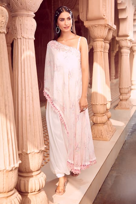 Aariyana Couture White Chiffon, Viscose, Modal, Satin Floral Feather Print Tunic And Dhoti Pant Set at Aza Fashions Aariyana Couture_White Chiffon, Viscose, Modal, Satin Floral Feather Print Tunic And Dhoti Pant Set _at_Aza_Fashions