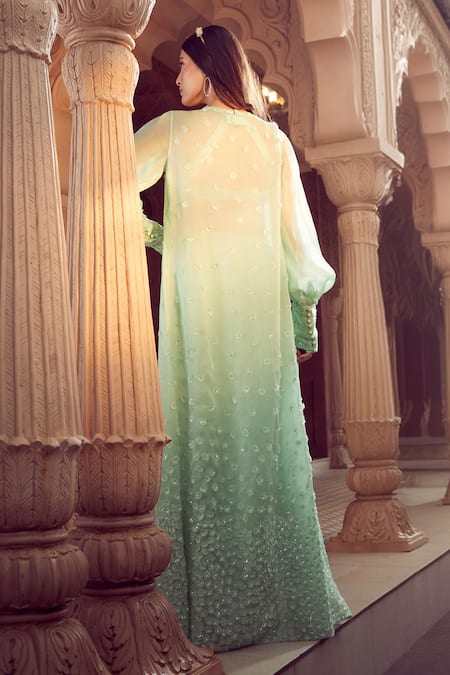 Aariyana Couture_Green Viscose, Silk Organza Sequins, Beads, Hand Side Cut-out Dress With Jacket _Online_at_Aza_Fashions