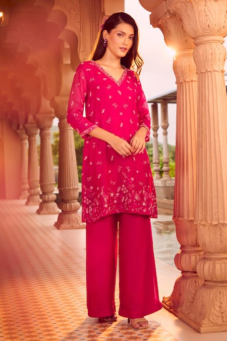 Shop_Aariyana Couture_Pink Silk Organza Embroidery V-neck Hand Kurta With Pant _Online_at_Aza_Fashions