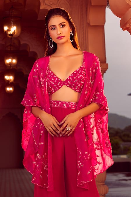 Aariyana Couture Pink Viscose, Silk Organza Embroidery, Beads Floral Hand Cape And Sharara Set at Aza Fashions Aariyana Couture_Pink Viscose, Silk Organza Embroidery, Beads Floral Hand Cape And Sharara Set _at_Aza_Fashions